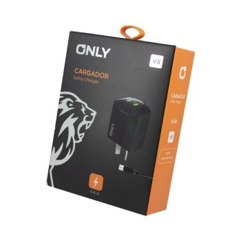 CARGADOR 220V ONLY MOD06 - 4,4A - 2 USB + CABLE V8 - NEGRO ONLY