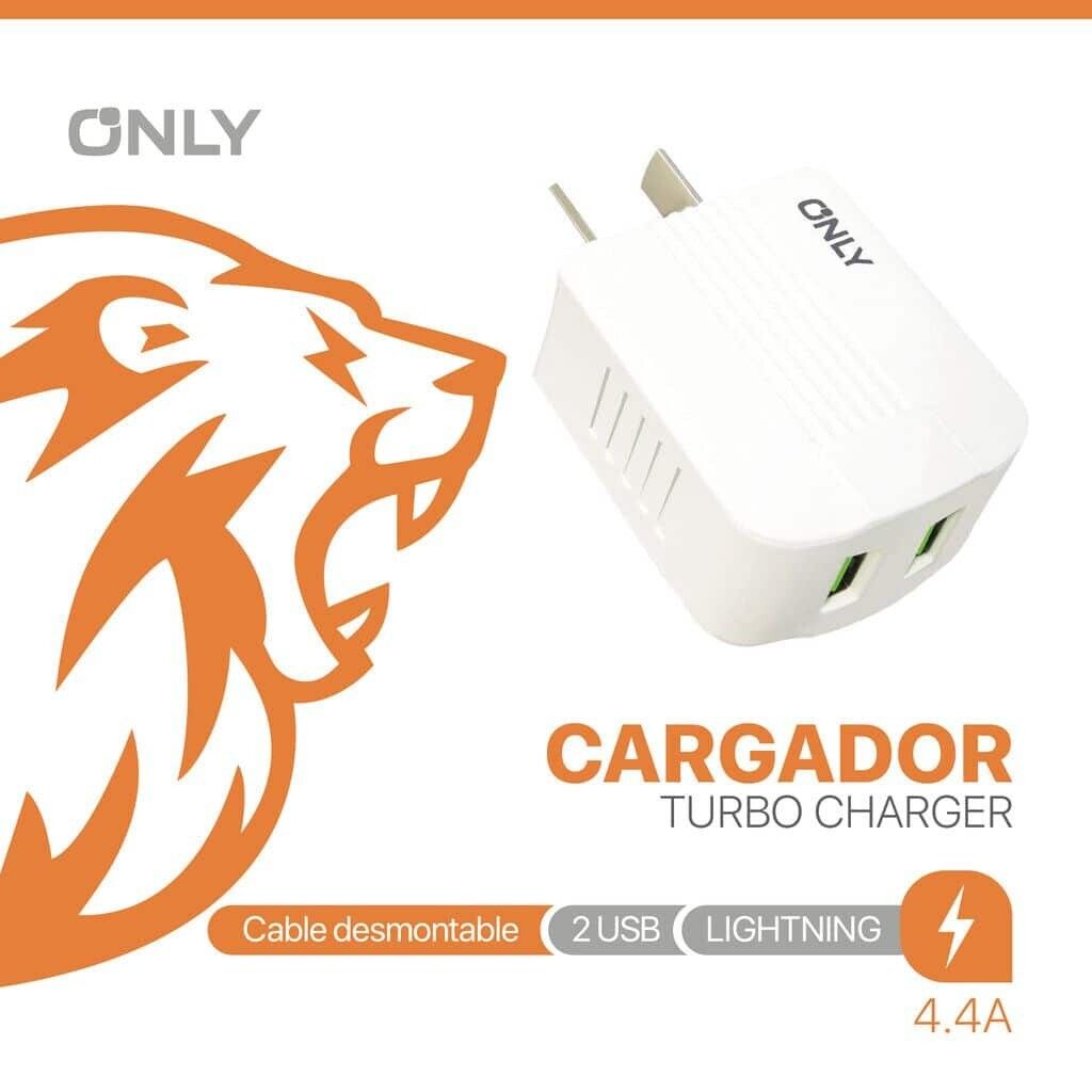 CARGADOR 220V ONLY MOD06 - 4,4A - 2 USB + CABLE LIGHTING - BLANCO ONLY