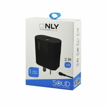 CARGADOR 220V ONLY MOD 03 - 2,1 A - 1 USB + CABLE V8 - NEGRO ONLY